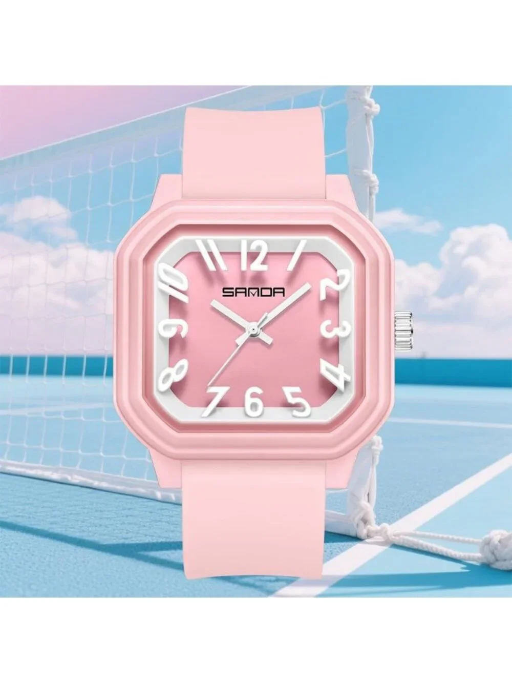 Women’s Pink Red Big Arabic Numbers Silicone Strap Analog Square Wrist Watch